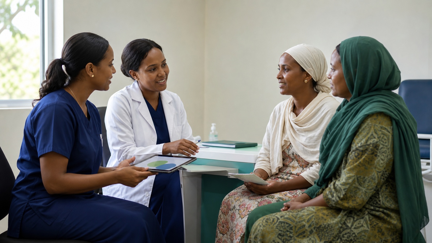Conceptual healthcare workers providing cervical cancer screening education.