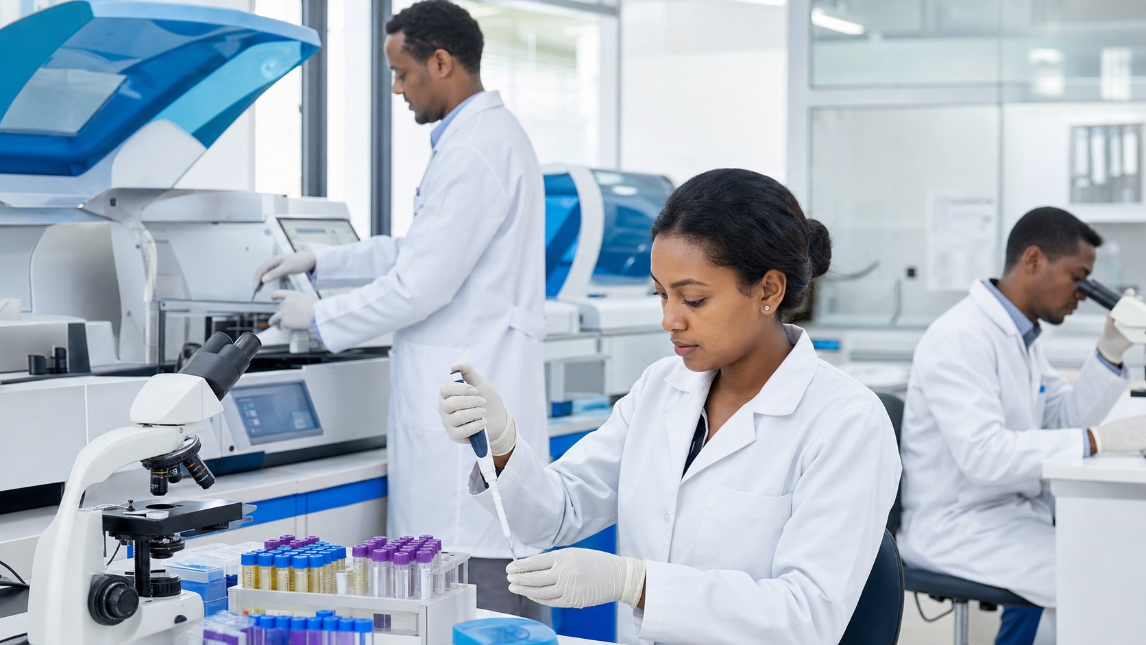 Conceptual diagnostics laboratory with medical laboratory staff and clinical testing equipment.