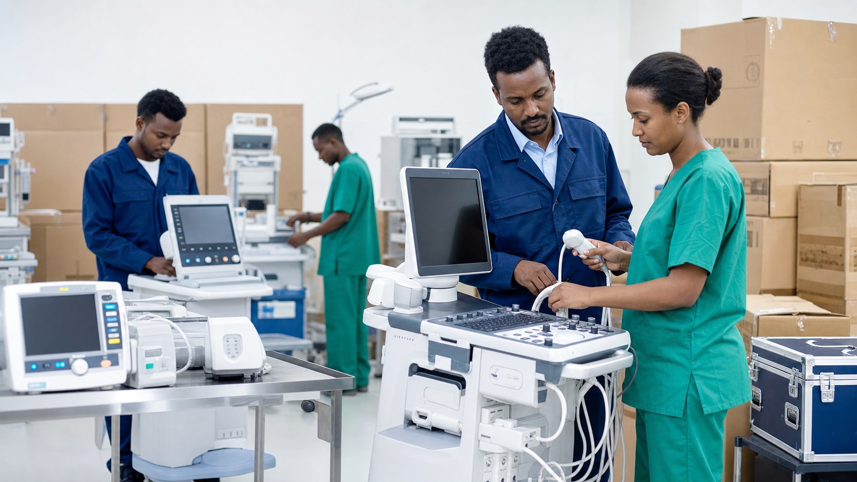 Conceptual medical-device technicians preparing equipment for healthcare facility support.