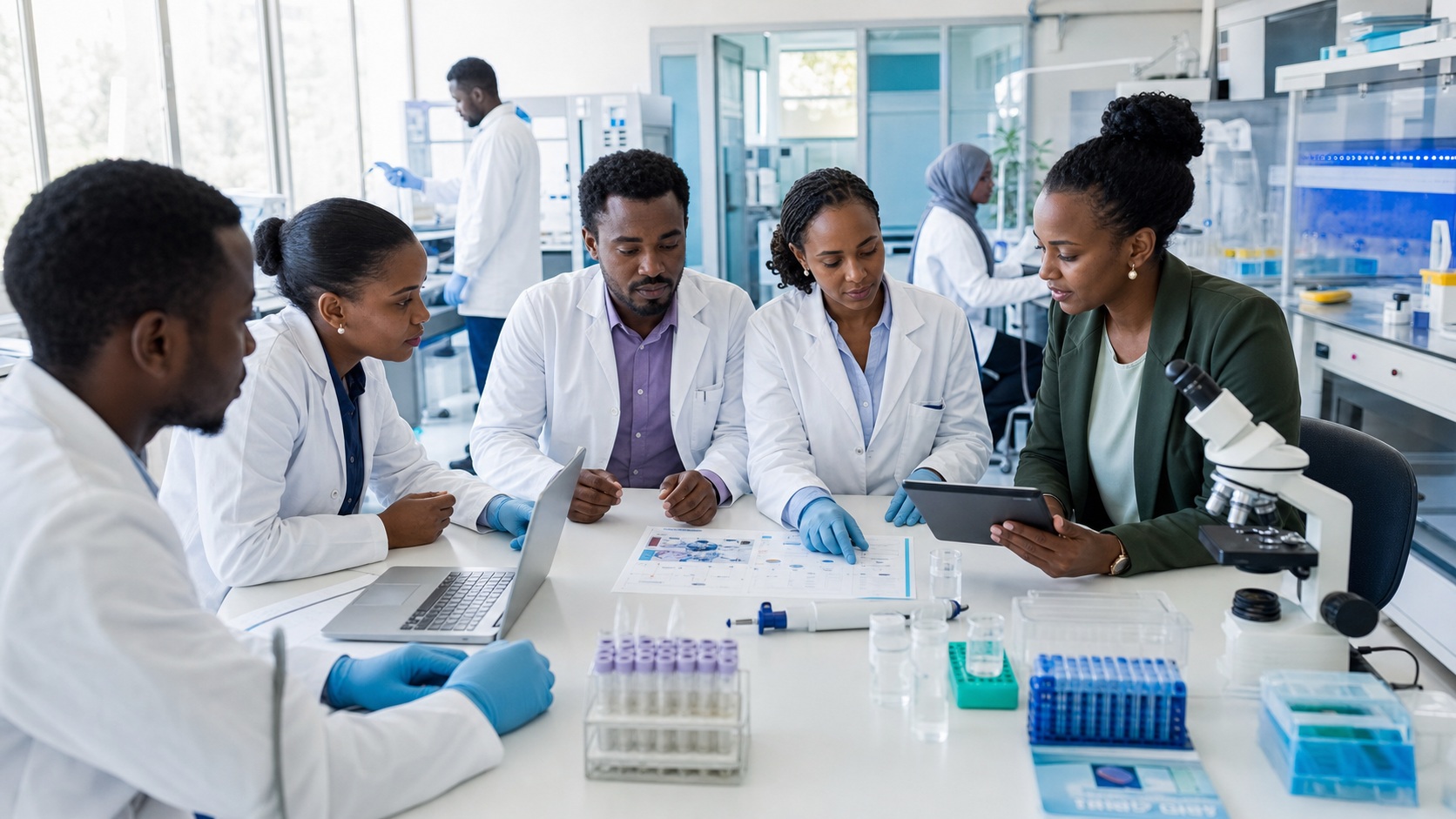 Conceptual healthcare researchers in a modern research and innovation environment.